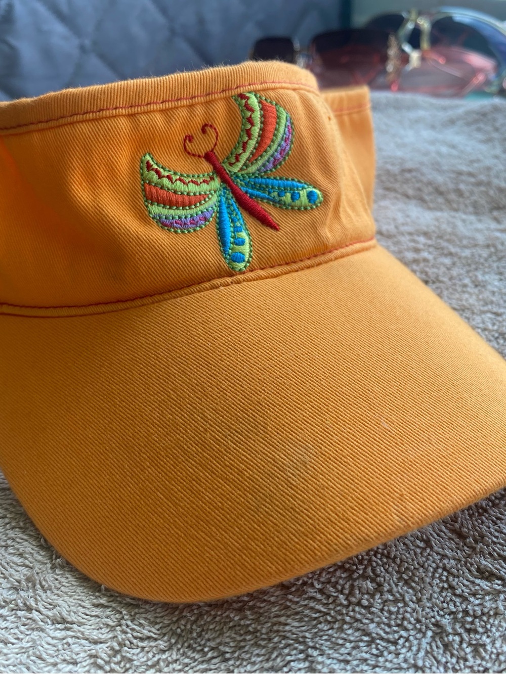 Cute cotton Orange Visor with Colorful Dragonfly and flower Embroidery